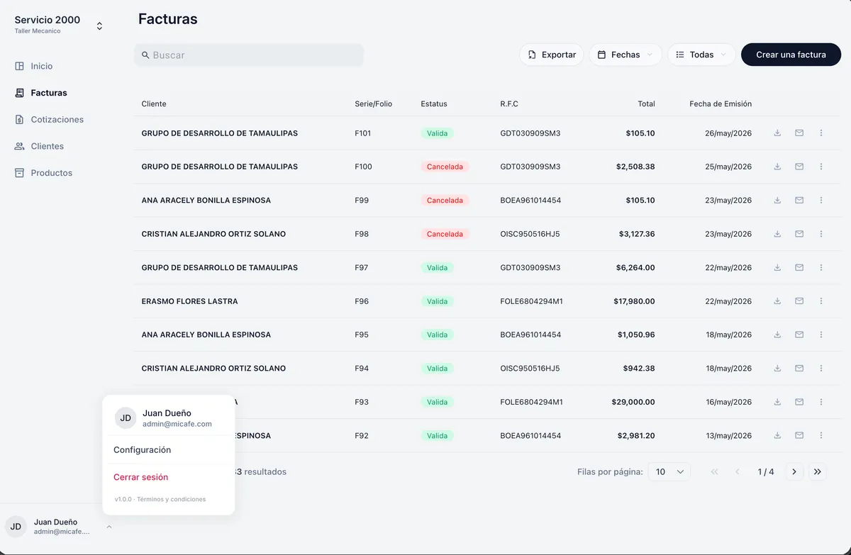 Konfora Billing dashboard interface